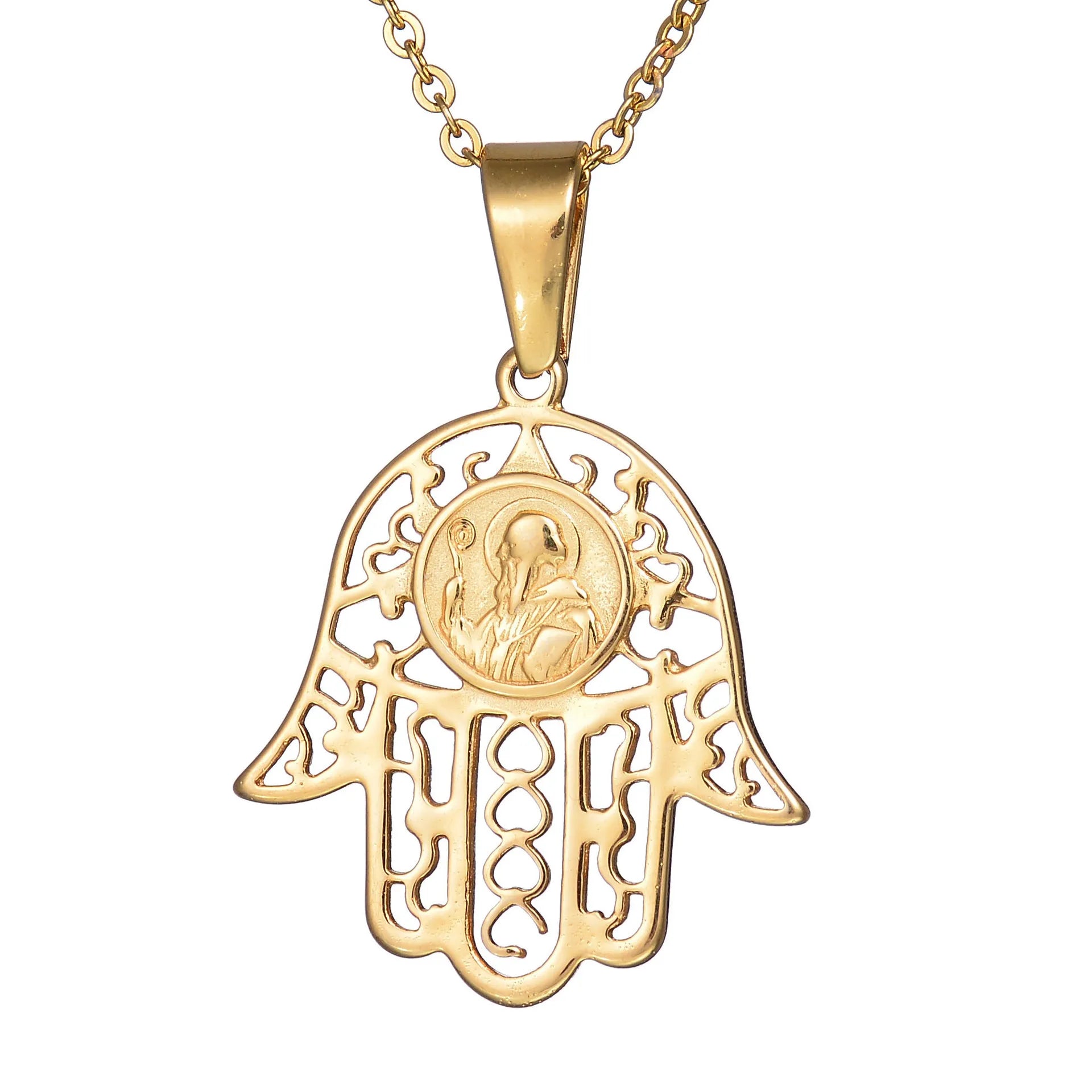Wholesale Iced Stainless Steel Gold Plated Hollow Eye Hamsa Hand Charm Pendant Necklace Zircon Stone Link Chain Hip Hop
