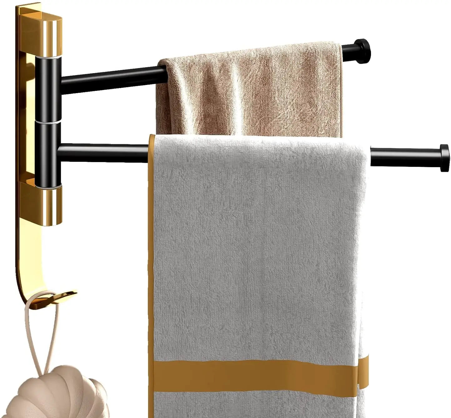 Folding 2-Arm Aluminum Modern Wall-Mounted Movable Towel Bar with Hooks Black Gold Finish 3-Year Warranty