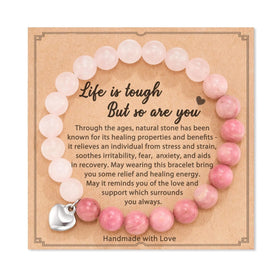 Dainty Elastic Beaded Bracelet Inspirational Gifts Friendship Card Bracelet for Women Heart Charm Rose Quartz Stone Bracelet