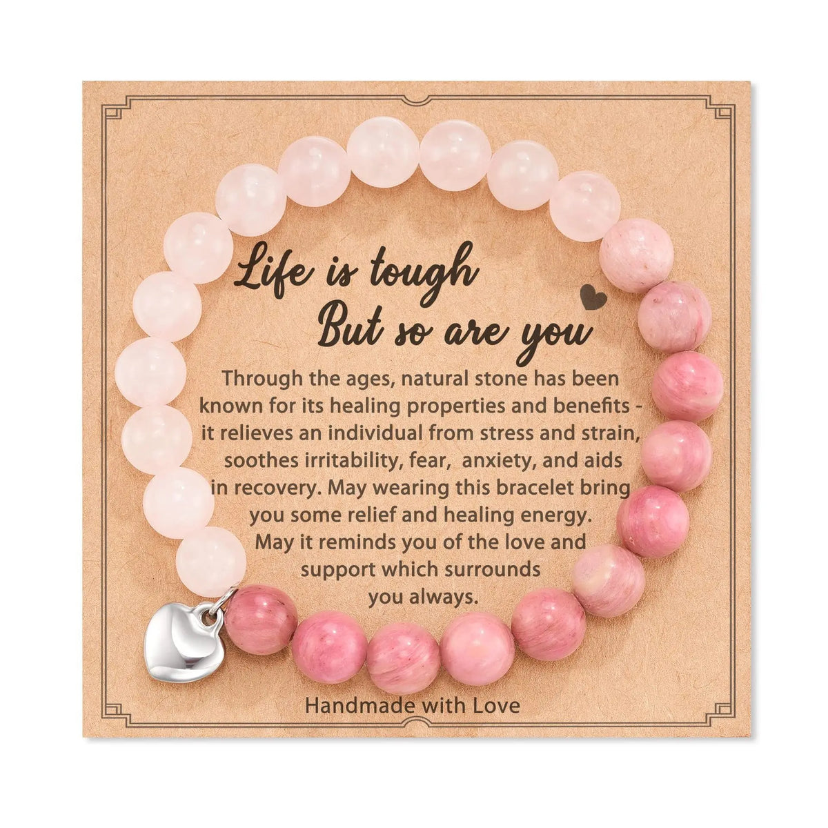 Dainty Elastic Beaded Bracelet Inspirational Gifts Friendship Card Bracelet for Women Heart Charm Rose Quartz Stone Bracelet MegaBDM