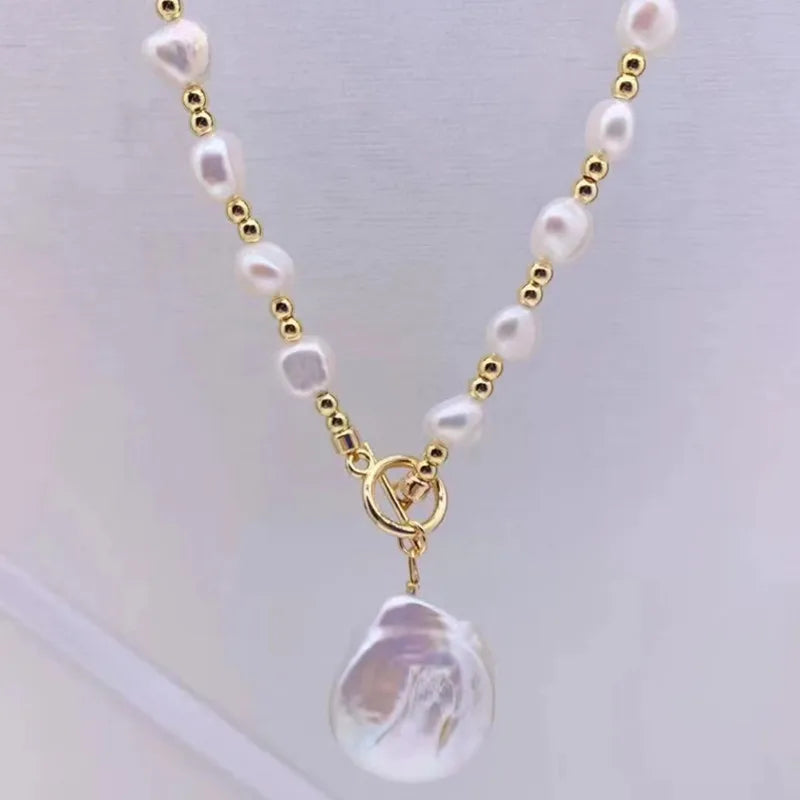 Gold Plated Big Coin Baroque Pendant Drop 7-8 mm Natural Nugget Aaa Freshwater Pearl Necklace