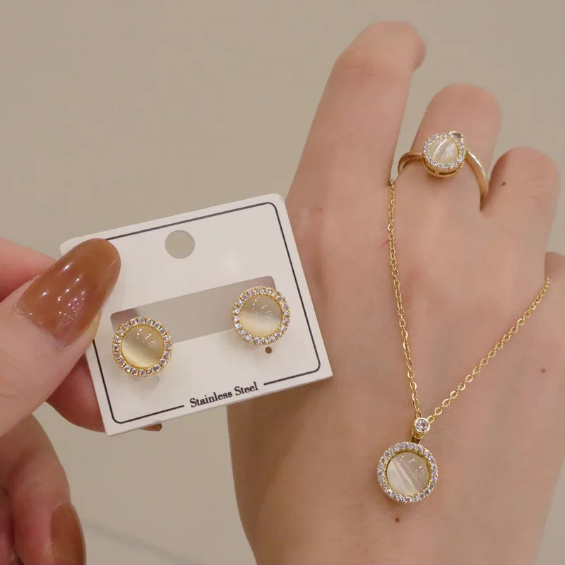 Exquisite Cubic Zirconia CZ Necklace Earrings Ring Jewelry Set Luxury Micro Paved Zircon Natural Cat Eye Stone Necklace Women