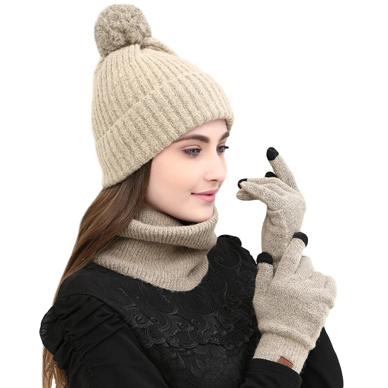 Wholesale Winter Warm Women Knit Beanie Hat Cap and Scarf Gloves Set