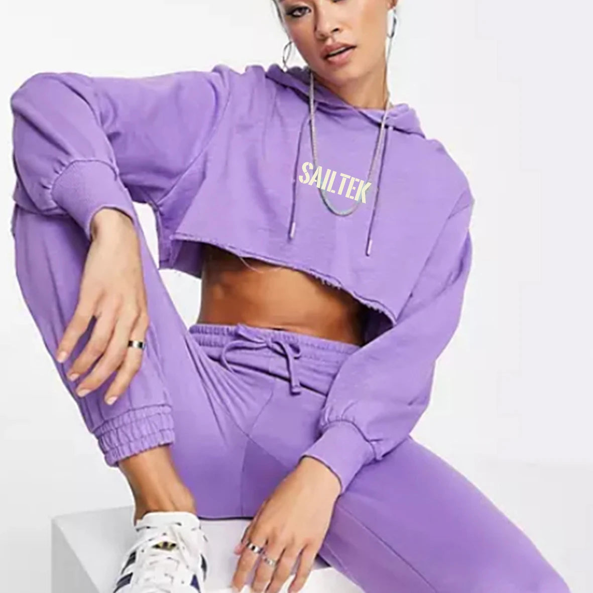 Fall 2025 Trendy Women Clothes Custom Crop Top Hoodie and Sweatpants Set Purple Loungewear Women Sets