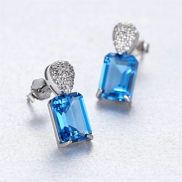 Exquisite Luxury 925 Sterling Silver Rhinestone Zircons Women Fashion Square Gemstone Stud Earrings