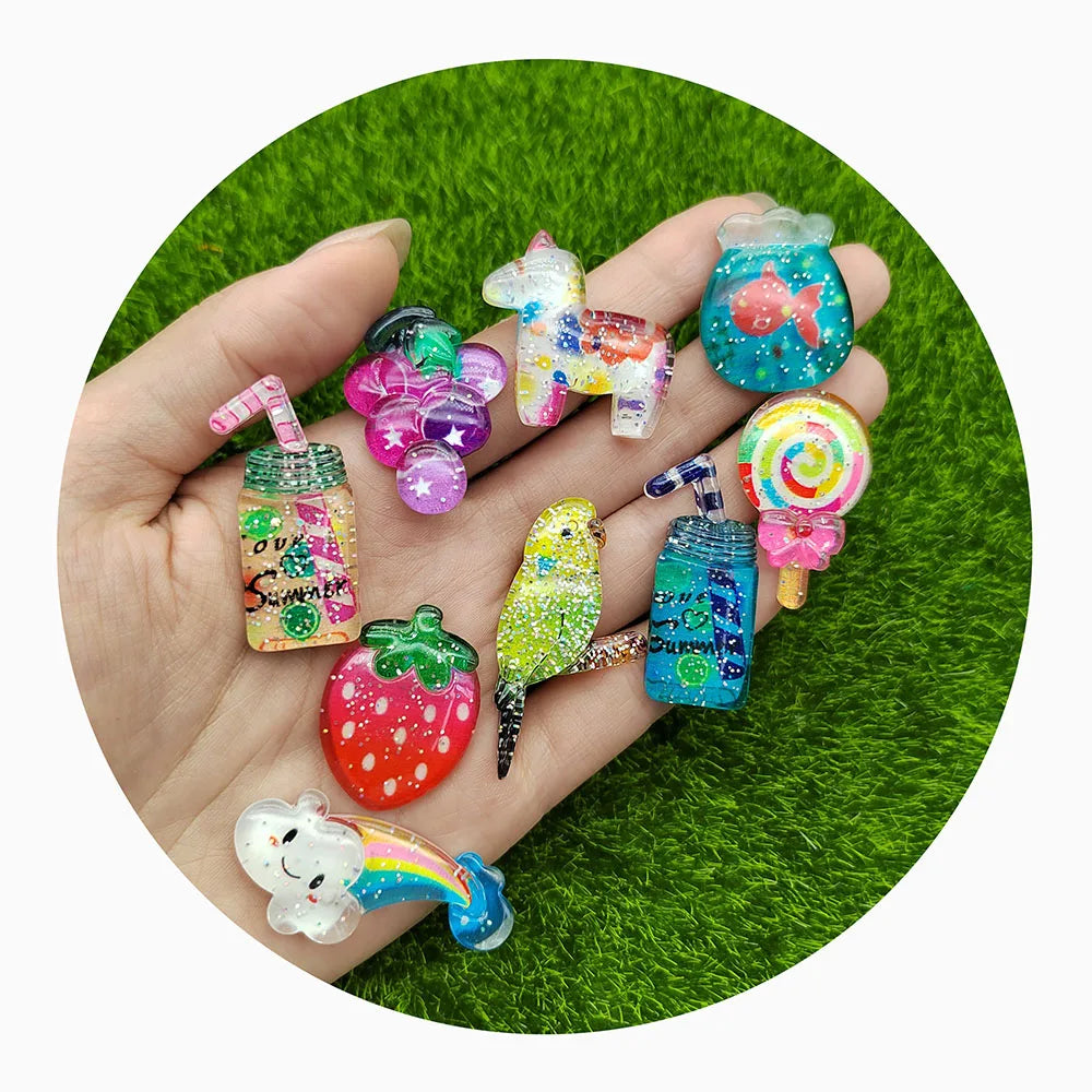 100PCS Resin Colorful Glitter Candy Cat Ice Cream Bird Drinks Flatback Stone Crystal Scrapbook Ornaments DIY Craft Supplies
