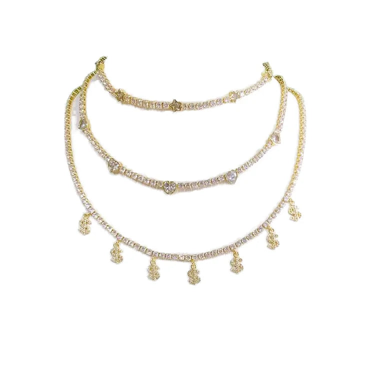 NZ1237 New Gold Plat CZ Pave Tennis Heart Star Choker Necklace With Dollar Money Sign Dangle Charms