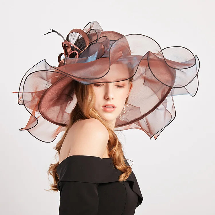 Hot Selling Fashion Design Organza Gauze Flower Church Hat Fascinator Kentucky Derby Sun Hat Women Wedding Party Adjustable