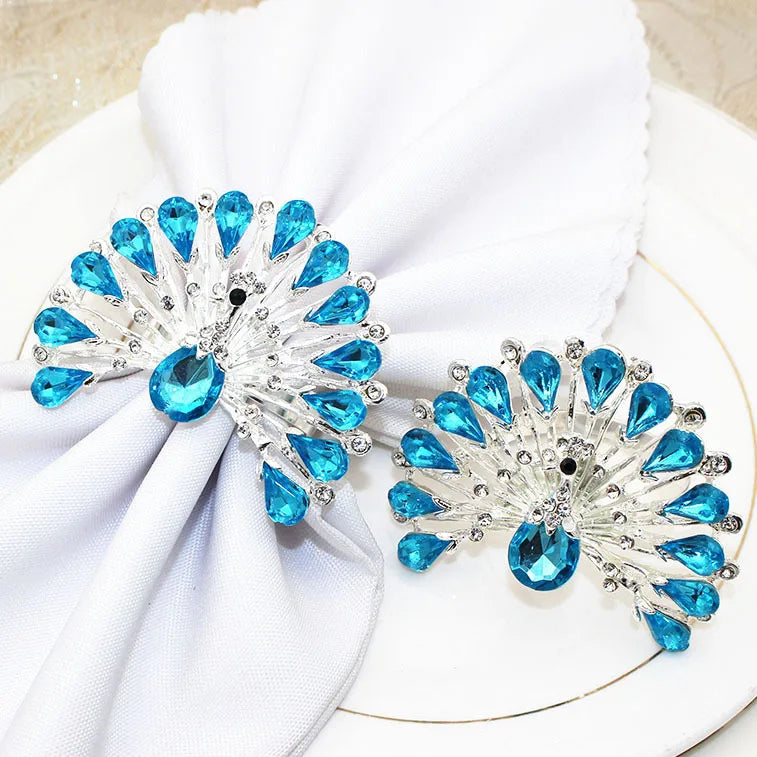 Blue Crystal Rhinestone Peacock Napkin Rings Holder Large Serviette Wedding Decorative Table Luxury Classic Metal Party Stocked