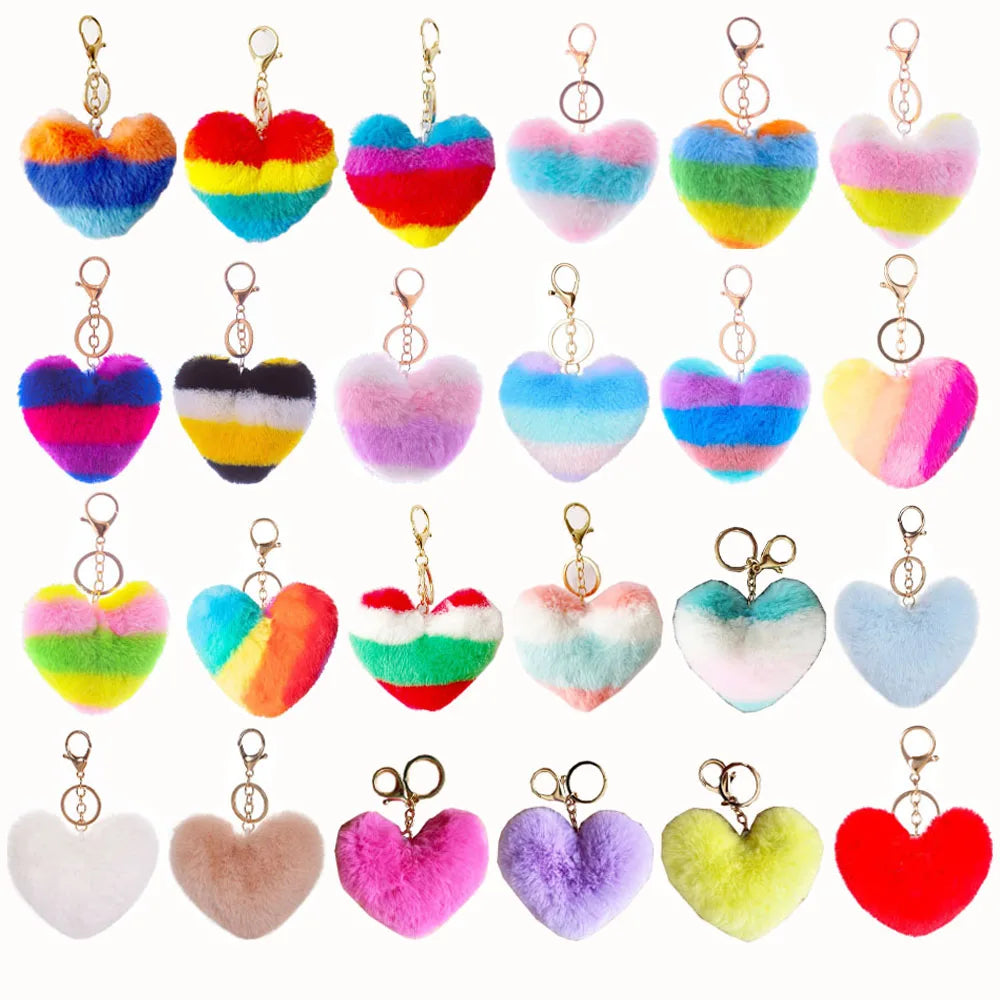 Hot Sale Tie Dye Plush Heart Pom Pom Keychain
