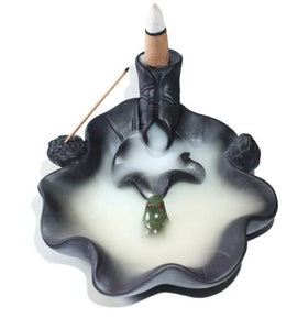 4.5*17.2cm Ceramic Frog Lotus Cone Backflow Incense Burner for Home Mediation Lotus Waterfall