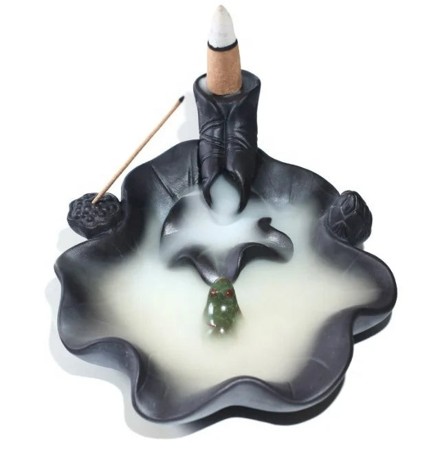 4.5*17.2cm Ceramic Frog Lotus Cone Backflow Incense Burner for Home Mediation Lotus Waterfall