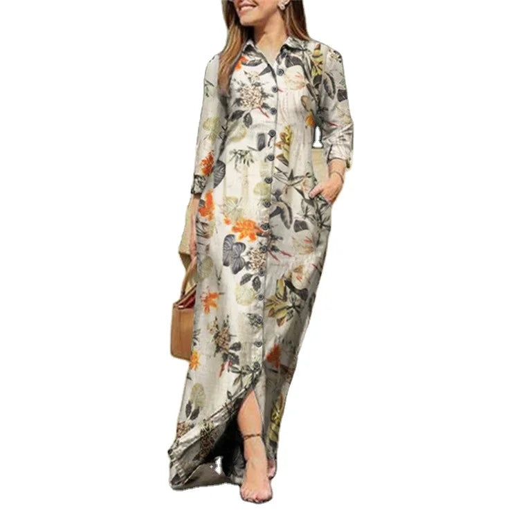 2024 Women's Summer Button Printed Long Sleeve Lapel Dresses Fashionable Vintage Loose Casual Cardigan Dress