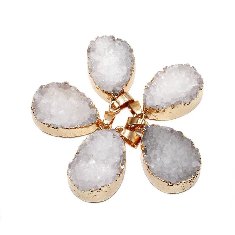 Natural Stone Drop White Crystal Pendant Natural Druzy Pendant Gold Plated Clear Quartz Necklace