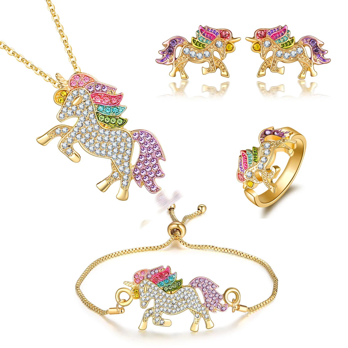 Fashion Unicorn Jewelry Set Gold Tone Crystal Charm Necklace Bracelet Earrings Ring Women Jewelry Sets