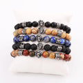 New Design Men Bracelet Natural Stone Beads Vintage Stainless Steel Lion Leaf Feather Pattern Charm Elastic Bracelet