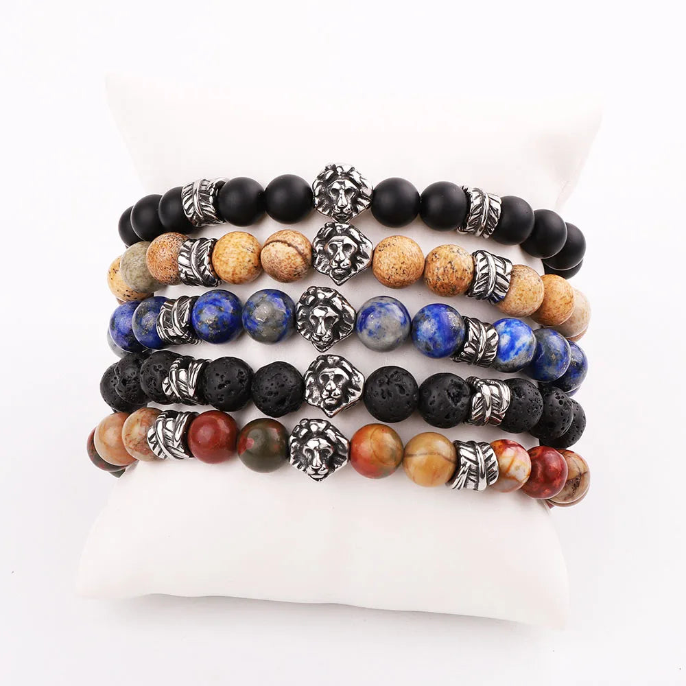 New Design Men Bracelet Natural Stone Beads Vintage Stainless Steel Lion Leaf Feather Pattern Charm Elastic Bracelet