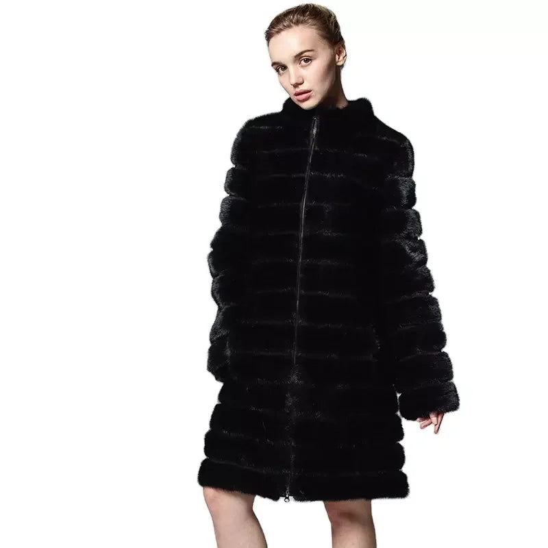 MWFur Fashion Slim Mink Fur for Women Mink Hair Black Winter Outwear Fashion Mink Fur Coat  Women Fur Coat