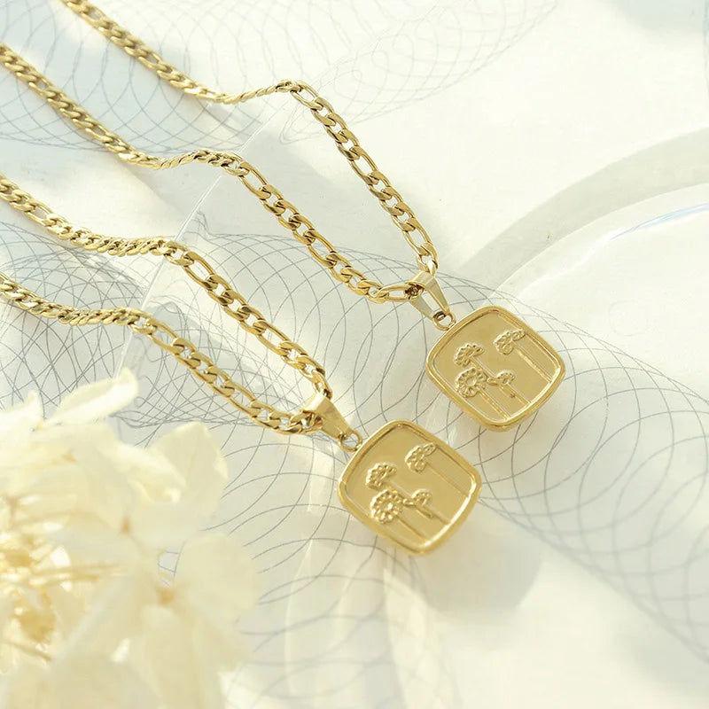 Dainty Dandelion Flower Pvd 18k Gold Plated Plain square Pendant Necklace Gold Charm Necklaces Collier En Acier Inoxydable