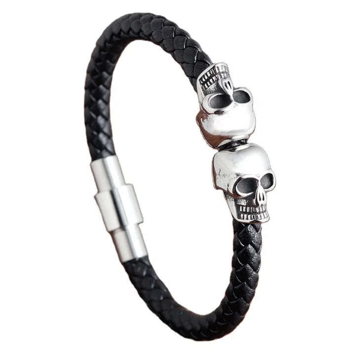Magnet Closure Stainless Steel Skull Charm Leather Bracelet Bold Jewelry for Men MegaBDM
