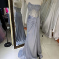 2025 Elegant Irregular Neck Sleeveless Crystal Beads Evening Dress with Stones Waist Pleat High Slit Zipper Back Party Dress
