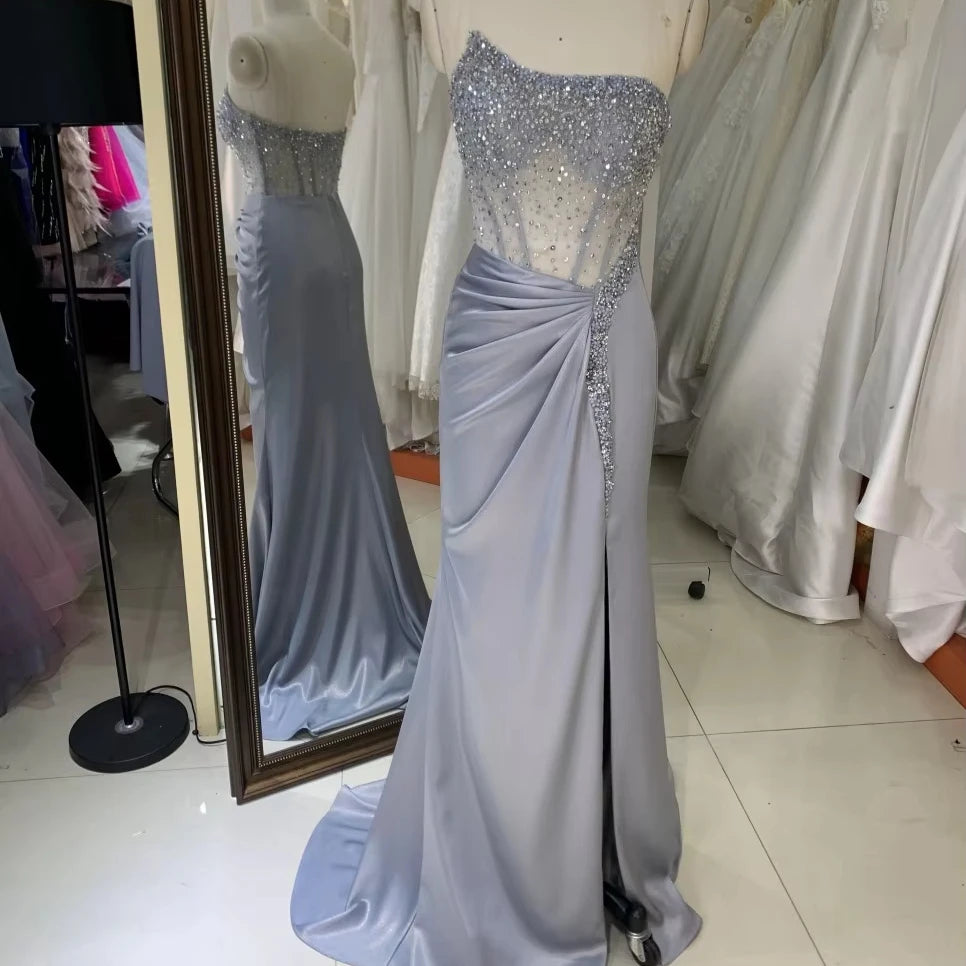 2025 Elegant Irregular Neck Sleeveless Crystal Beads Evening Dress with Stones Waist Pleat High Slit Zipper Back Party Dress