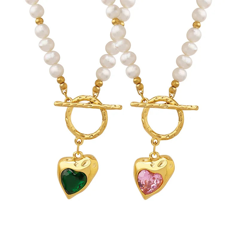 Luxury Wholesale Custom Stainless Steel Baroque Pearl Heart Pendant Necklace Titanium Steel Zircon Heart Necklace for Women