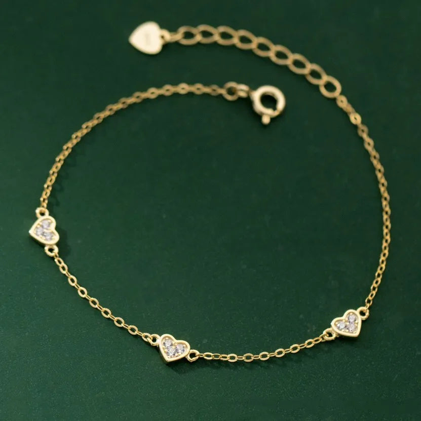 Cubic Zirconia Heart Shape 925 Sterling Silver Gold Plated Charm Bracelets Women Fashion Jewelry