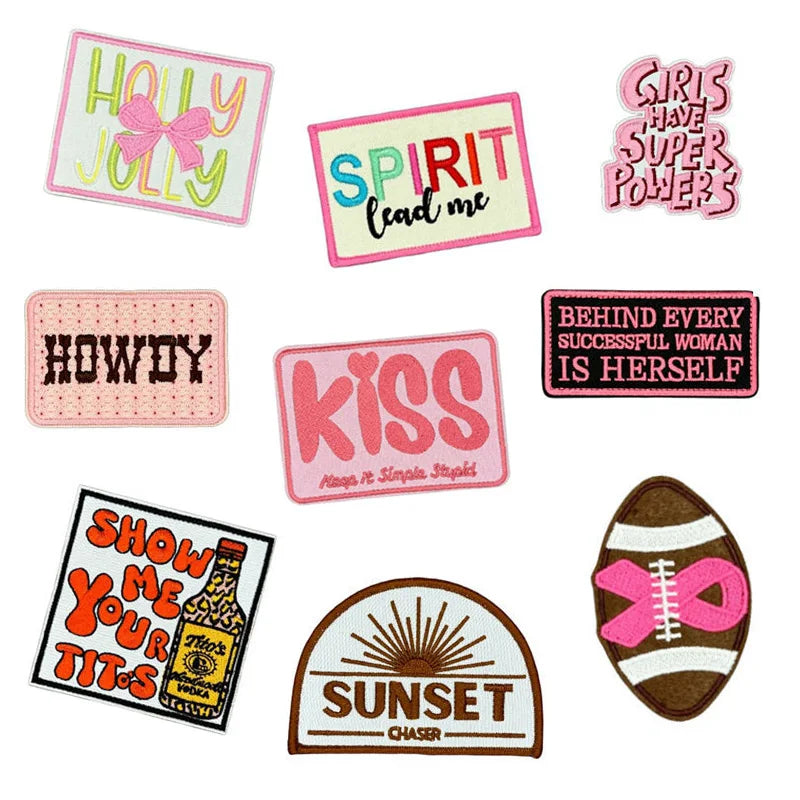 Hot Sell Iron on Embroidery pink  Christmas Hollyjolly Howdy Kiss Patch for Clothes Hat Bag Decoration
