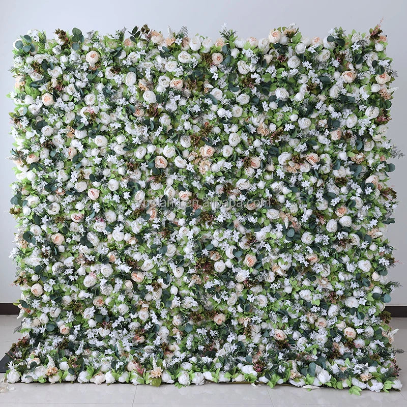 E 4ft 8ft 10ft Faux Floral Wall Backdrop Panel 3D Roll up Artificial Silk Rose Peony Rose and Hydrangea Flower Wall for Wedding