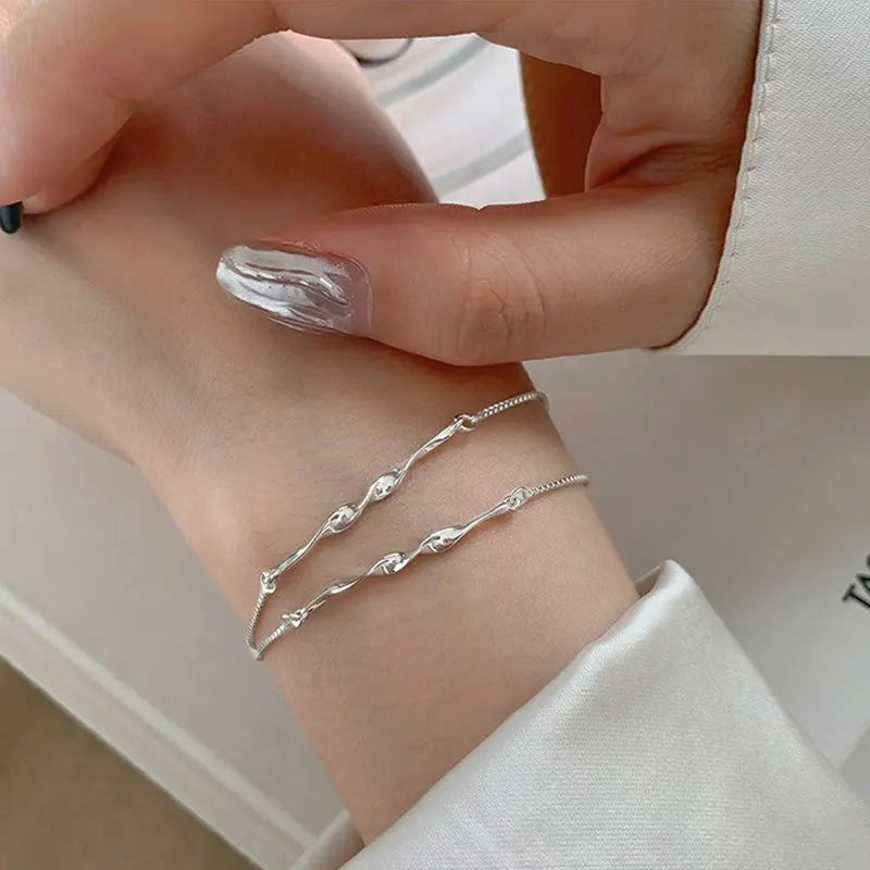 Simple INS Chill Fashion Pure 925 Sterling Silver Double Layered Thin Chain Bracelets for Women Girls Jewelry