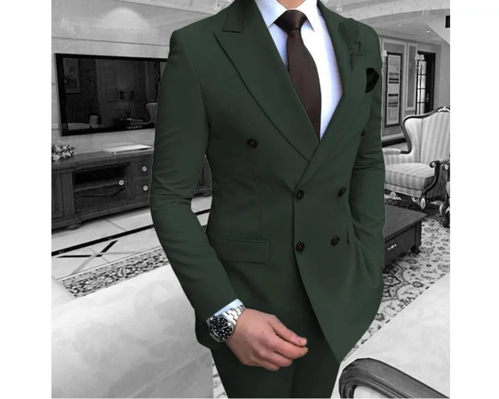 Dark Green Men's Suit Classic Business Double Breasted Peaked Lapel Wedding Banquet Slim Fit Three Piece