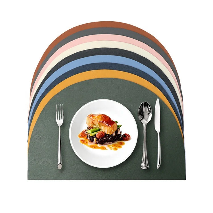 European Style Waterproof and Oil Proof Pu Leather Semi Circle Table Mats Sets Dining Customize Round Placemat