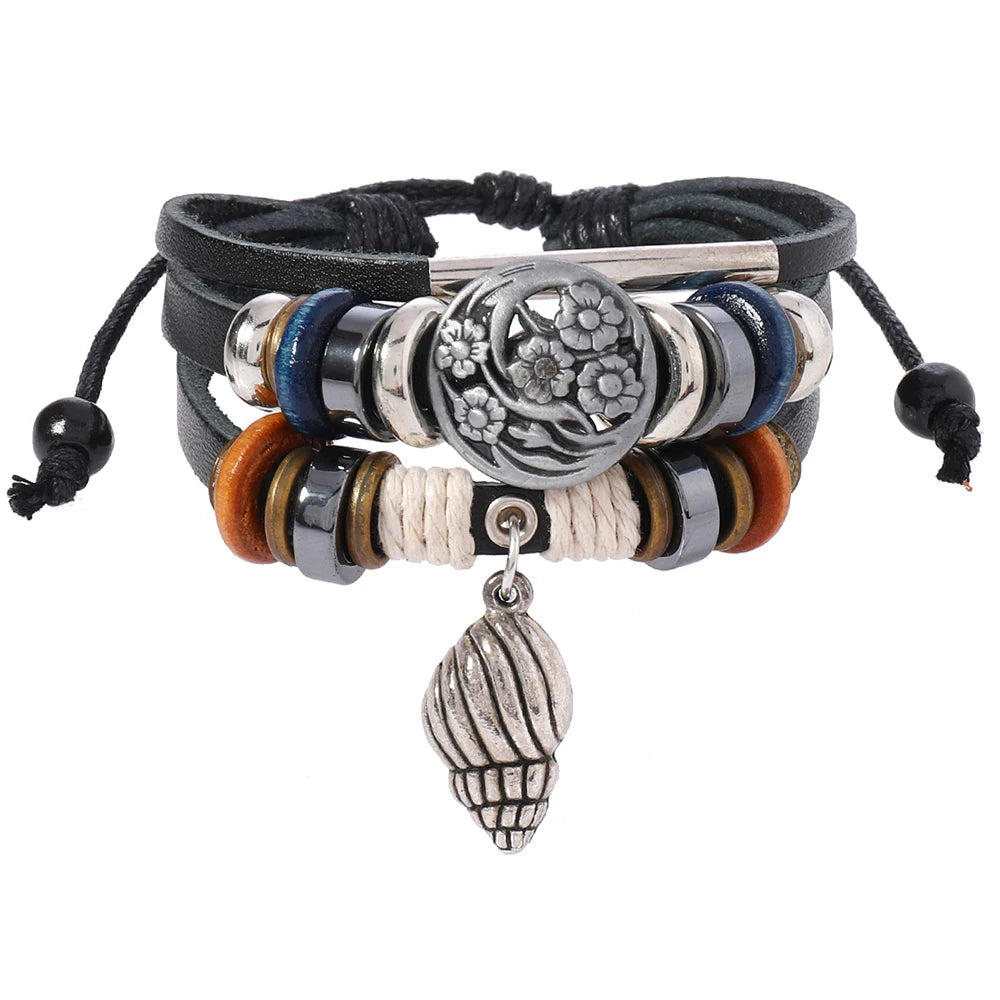 Wholesale New Fashion Beaded Bracelets for Men and Women Genuine Leather with Conch Pendant Charm Jewelry
