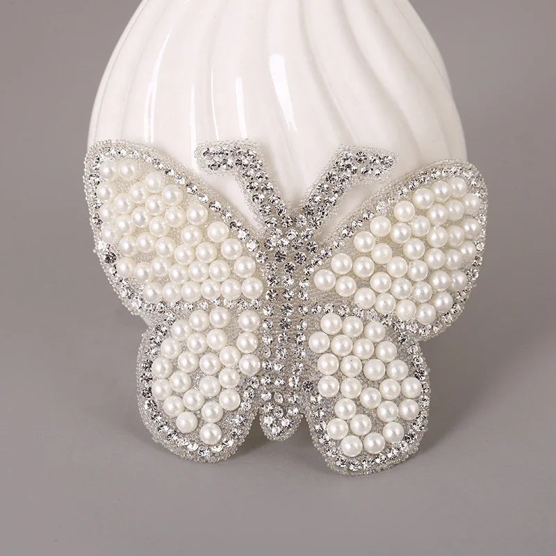New Arrival Shimmery White Beaded Rhinestone Clothing Patch Heat Seal Adhesive Glitter Butterfly Garment Accessory