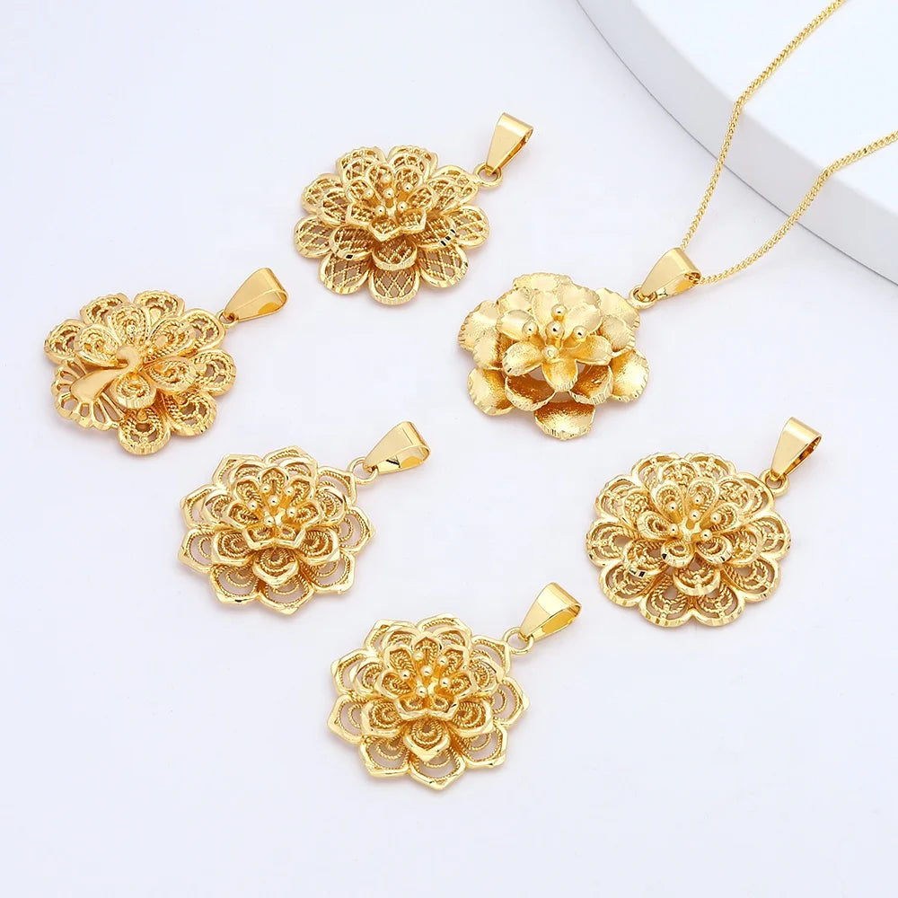 JXX Wholesale Fashion Indian Brass 24K Gold Plated Jewelry JXX Women's Flower Pendant Charm with Zircon Main Stone for Children