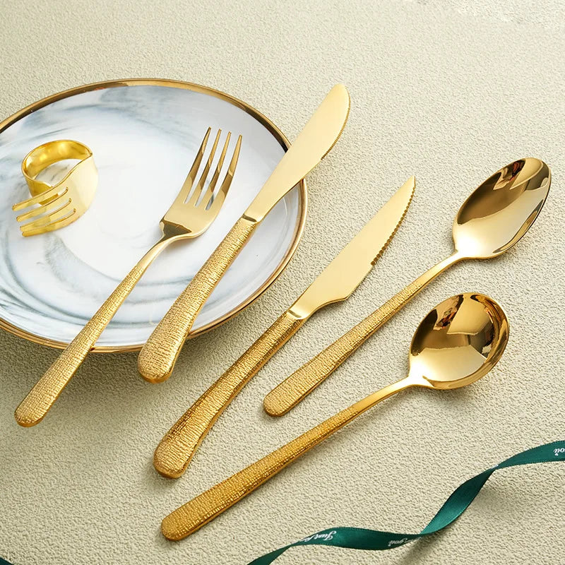 New 304 Hammered Stainless Steel Wedding Flatware Set Knife Fork Spoon Gold Cutlery Set