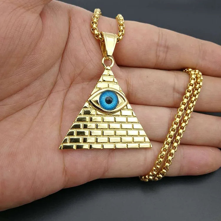 Vintage Religious Ancient Egyptian Jewelry Stainless Steel Gold Plated Eye of Horus Necklace Pyramid Pendant