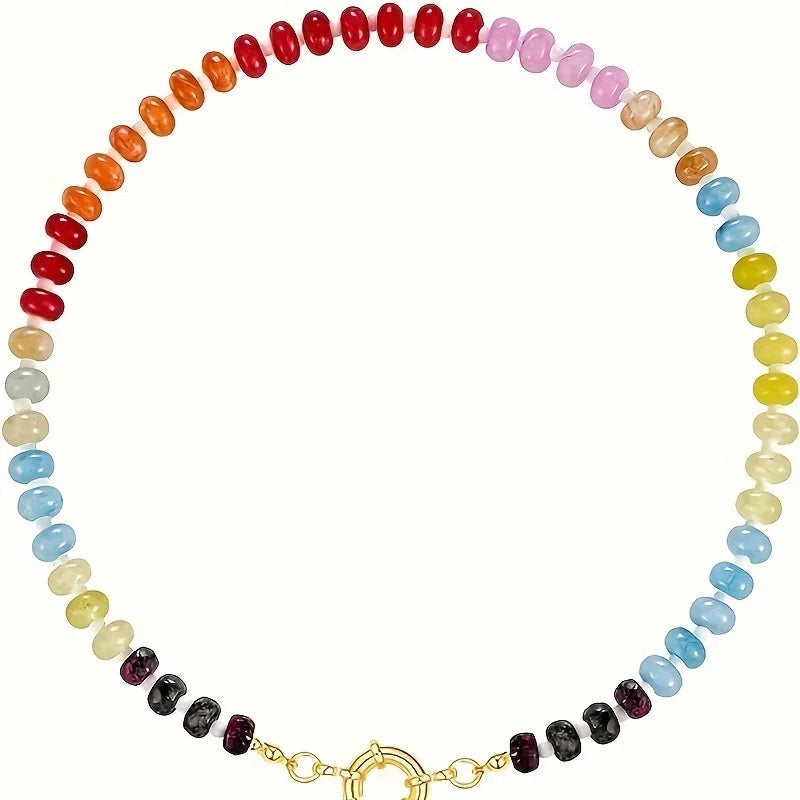2025 Genuine Natural Stone Beaded Choker Rainbow Gemstone Smooth Rondelle Removable Beaded Necklace Bohemian Colorful Jewelry