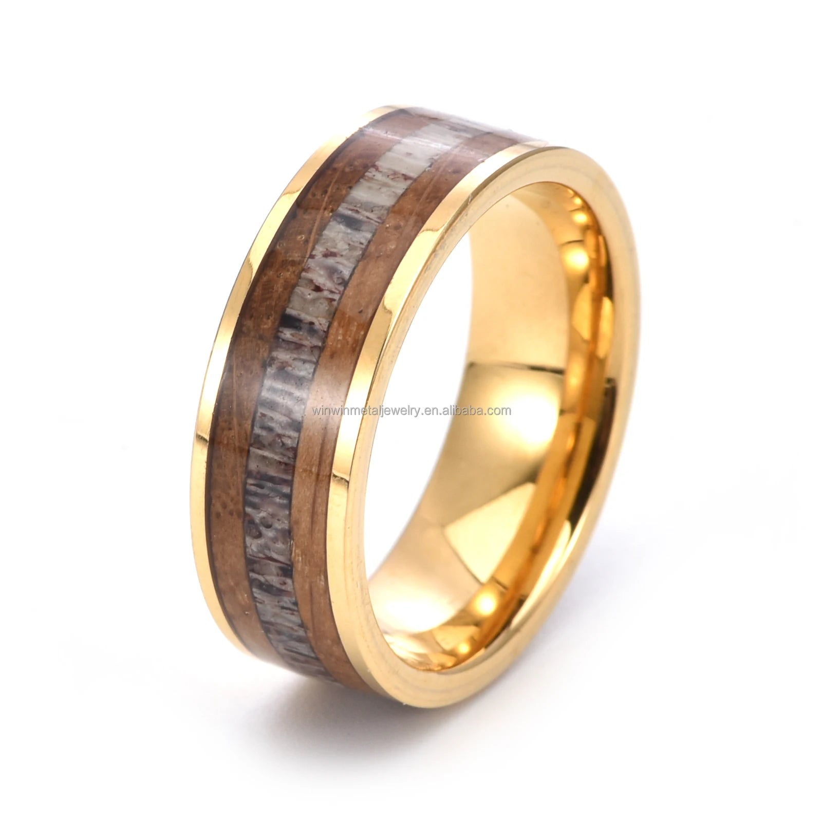 Men's Custom Antler Whiskey Barrel Religious Style Wedding Ring Tungsten Carbide Gold Plating for Engagement Anniversary Men's