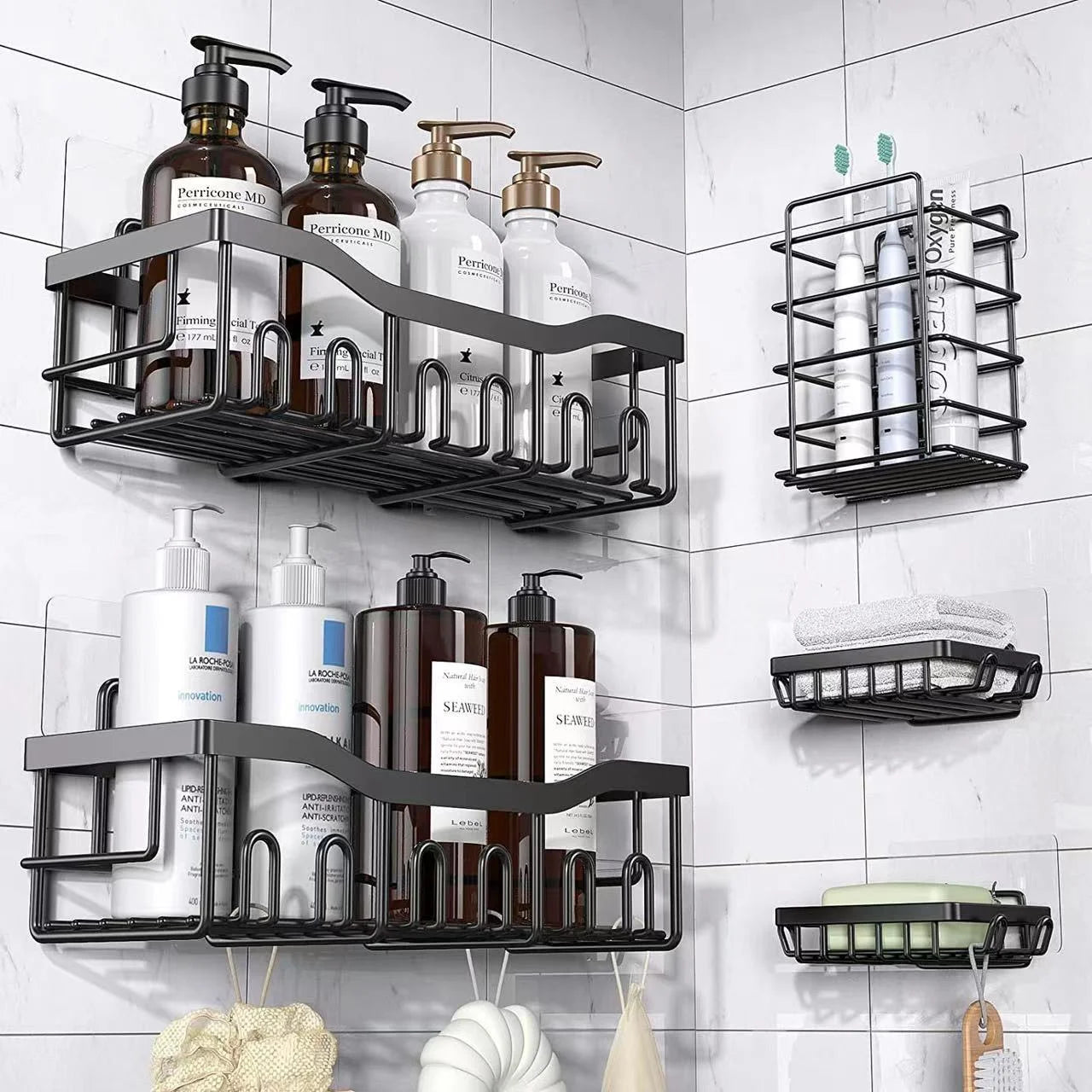 Hot 5 Piece No Drill Bathroom Shelf Multifunctional Bathroom Toiletries Storage Organizer Wall Mounted Bathroom Soap Organizer