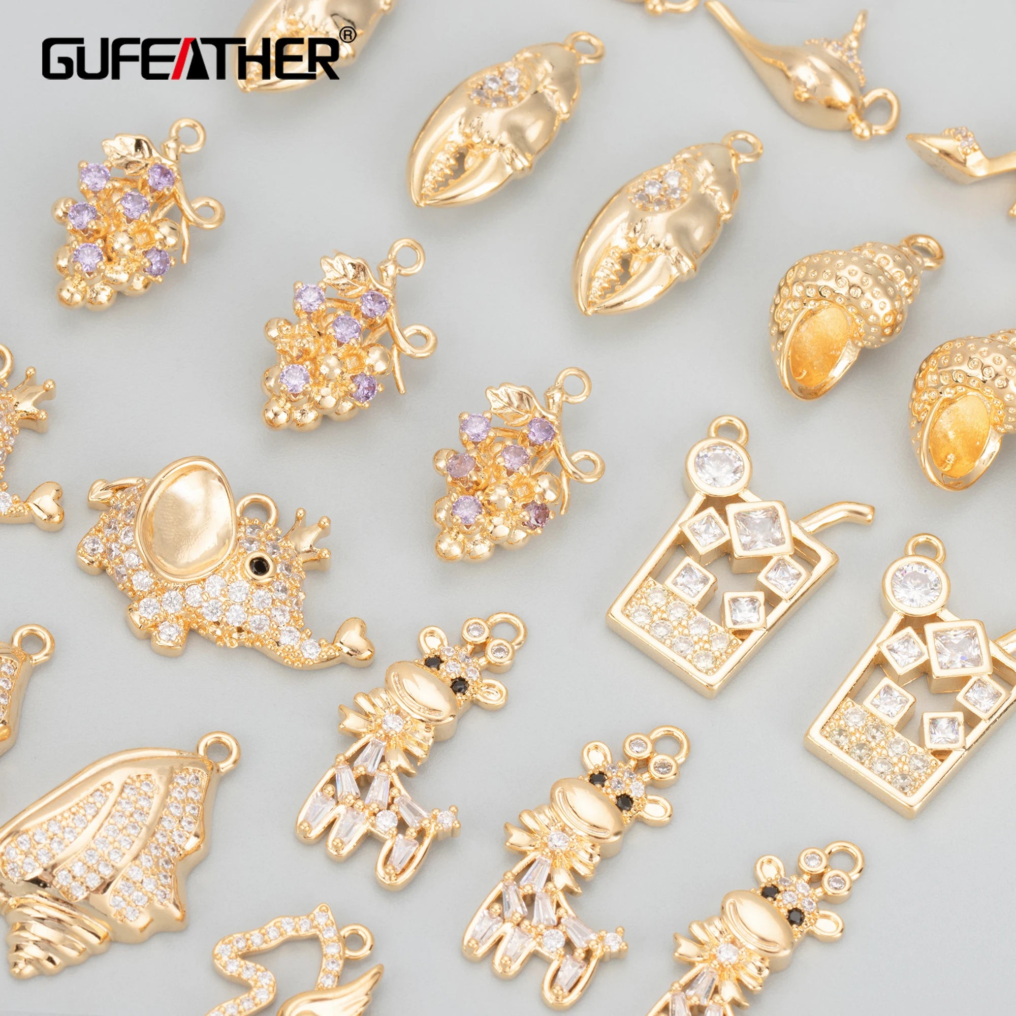 MB13 18K Gold Plated Copper Metal Nickel Free Zircon Charms for DIY Pendants Jewelry Accessories-6pcs/Lot