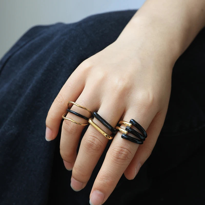 New Arrival 18k Gold Plated Line Enamel Ring Handmade Y2K Trendy Black Oil Drop Ring Wholesale Jewelry for Women