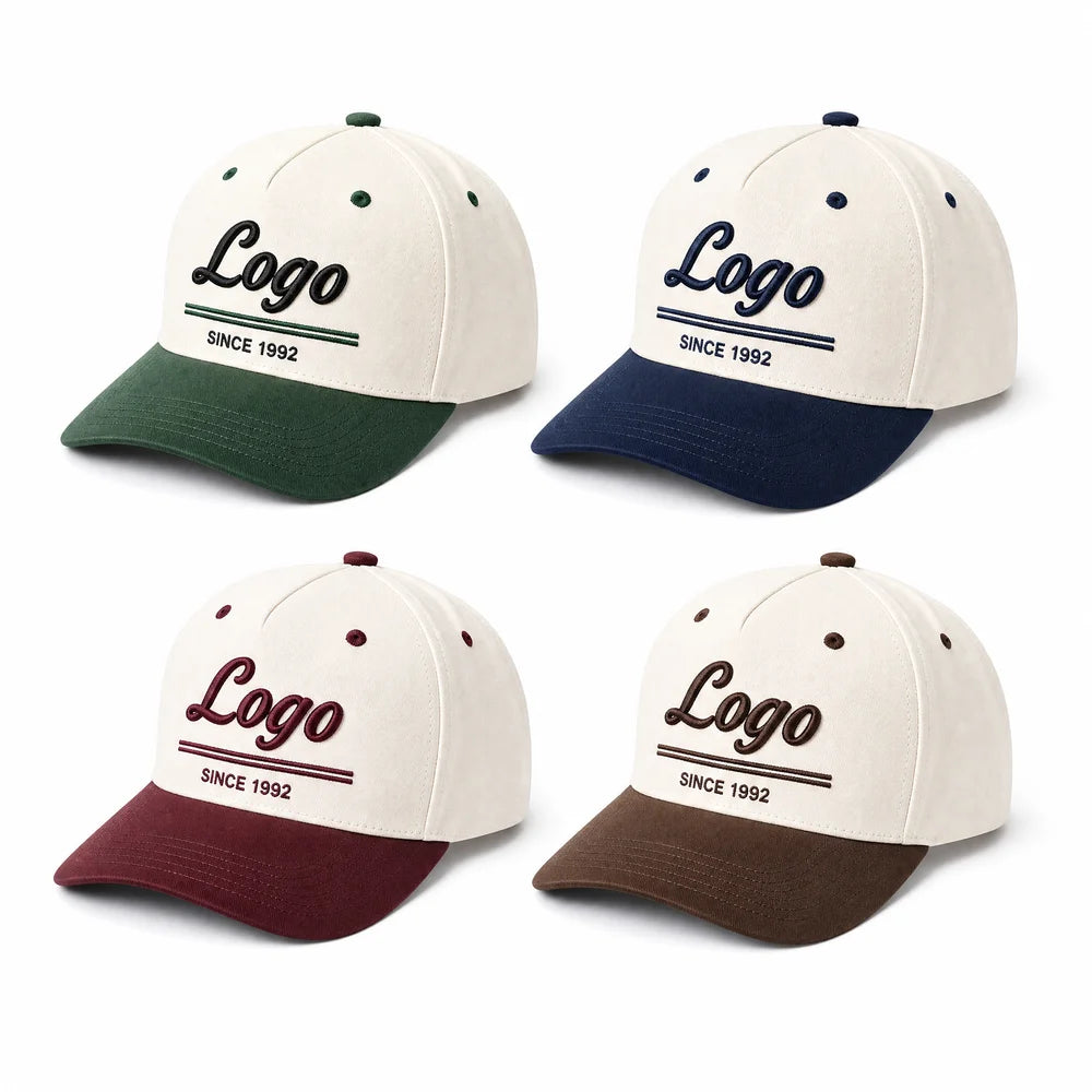Custom Logo Embroidered Two Tone Baseball Cap Vintage Varsity Style Contrast Color Brim 6 Panel Cotton Dad Hat for Unisex Wear