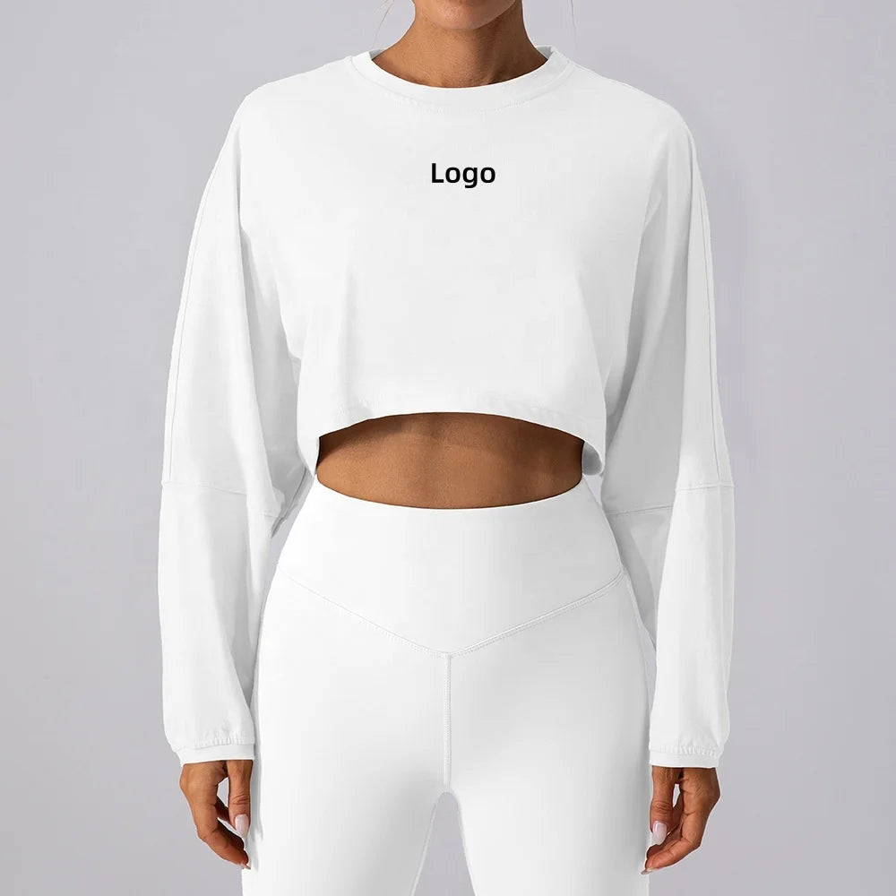 Casual Loose Long Sleeve Cotton Polyester Oversized Drop Shoulder Sweatshirt Custom Logo Women Gym Fitness Crop Top