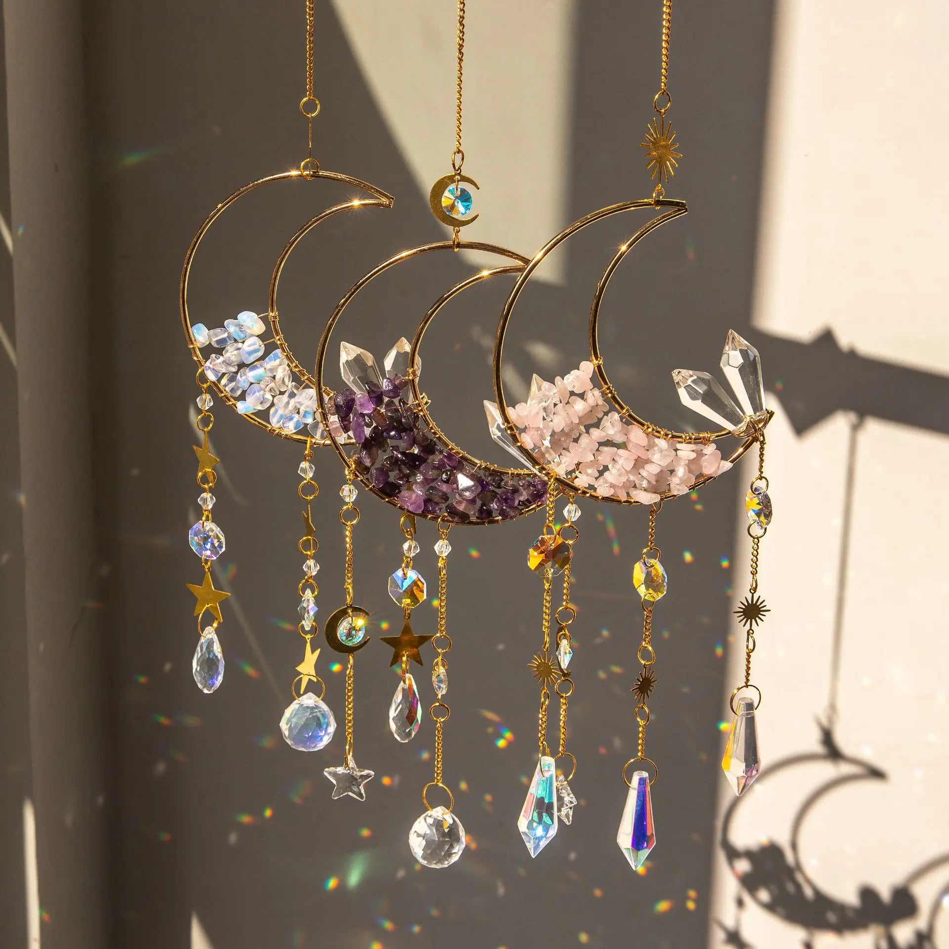 Factory Wholesale Amethyst Chips Moon Suncatche Wind Chimes Crystal Sun Catcher for Decor