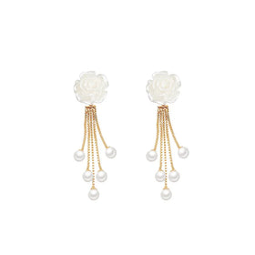 French Retro Camellia Earrings Elegant Flower Pearl High-end Tassel Earrings