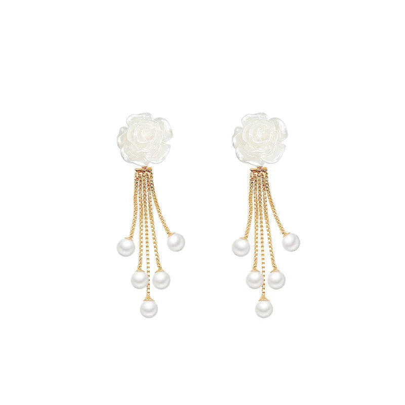 French Retro Camellia Earrings Elegant Flower Pearl High-end Tassel Earrings