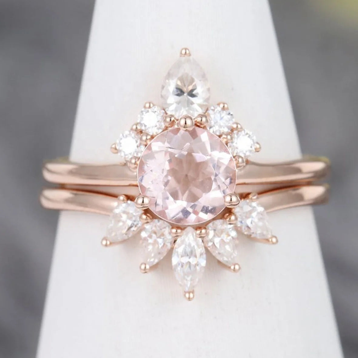 925 Sterling Silver Rose Gold Vintage Pearl Shape Morganite Rings Unique Cluster Engagement Ring