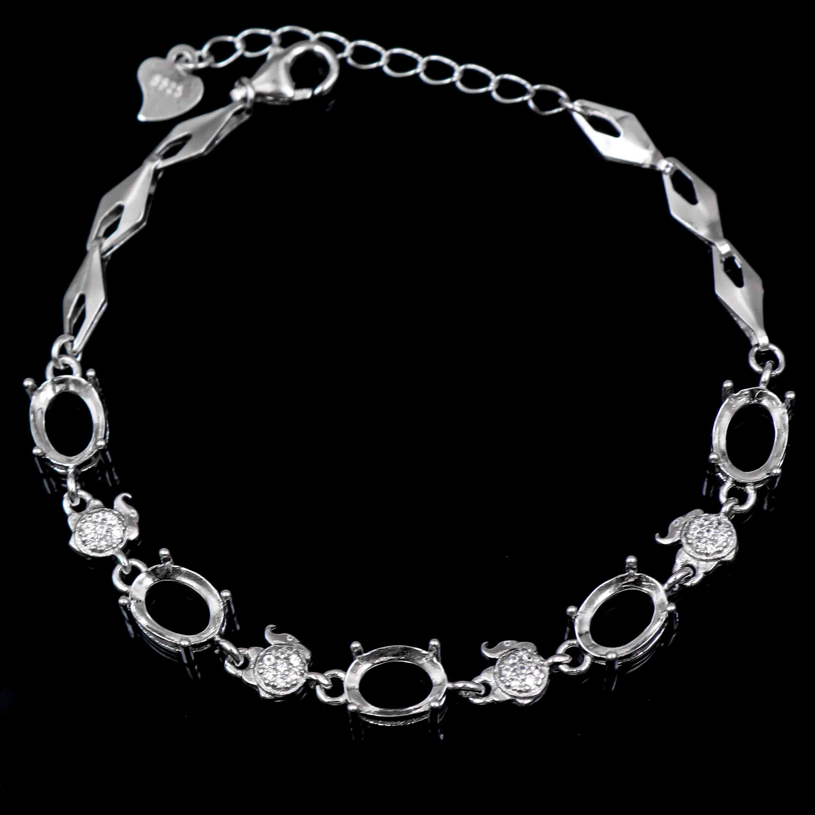 Sterling Silver 6*8mm Semi Mount Bracelet Empty Support Blank Claws Setting S925 Base Holder Without Center Stone Inlay for DIY